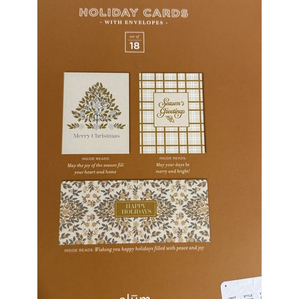 Elum Holiday Christmas Cards and Envelopes Gold Ivory Set of 18 Happy Holidays